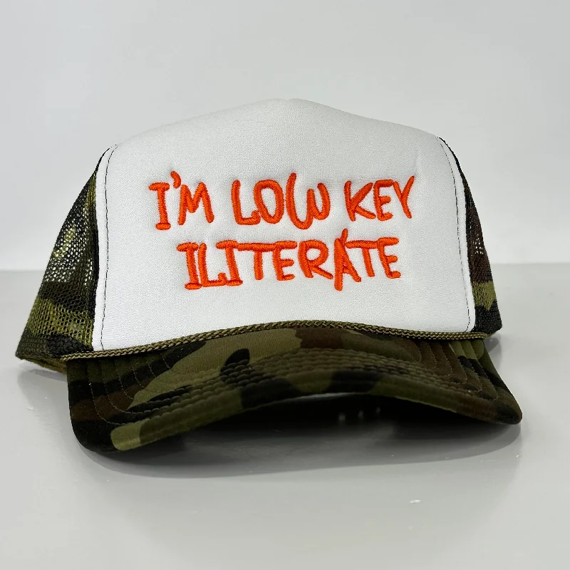 Beanies & headbands for cool touches-IM LOW KEY ILITERATE CAMO Foam Mesh Trucker SnapBack Cap Hat illiterate Funny Custom Embroidered