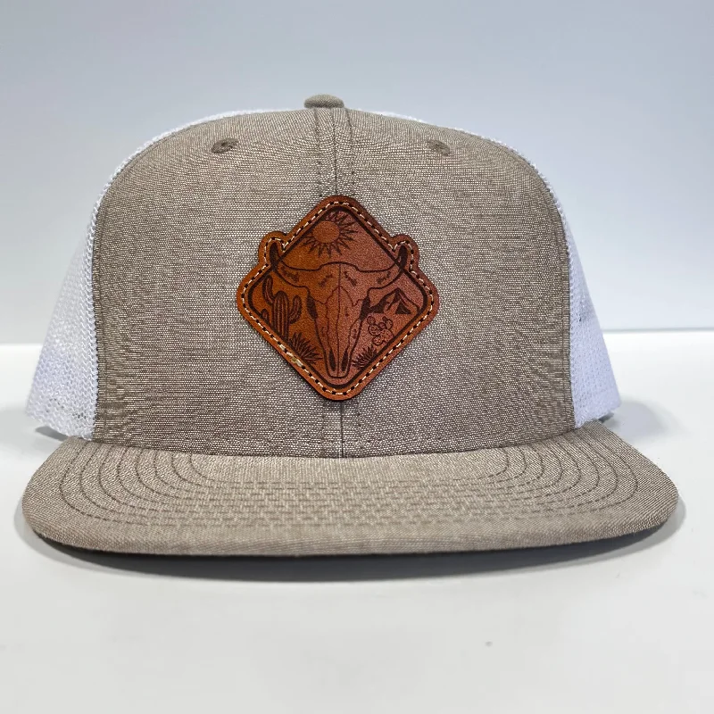 Beanies & headbands for synthetic fibers-Bull skull Genuine leather patch sewn on a khaki white mesh Snapback Hat cap The Leather Head Hat co