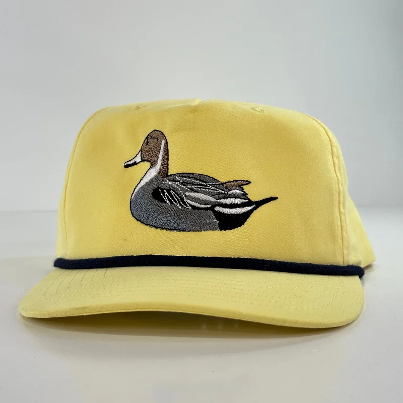 Beanies & headbands for season turns-Sitting Pintail Duck on a yellow rope Snapback Hat Cap Collab Justin Stagner Custom Embroidery