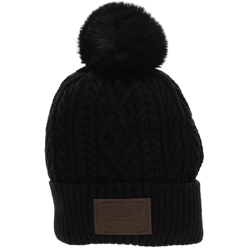 Beanies & headbands for happy wears-"Hooey Beanie" Black w/Leather Patch & Pom Pom