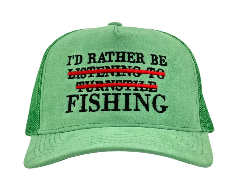 Beanies & headbands for own designs-I’D RATHER BE FISHING SUEDE TRUCKER HAT