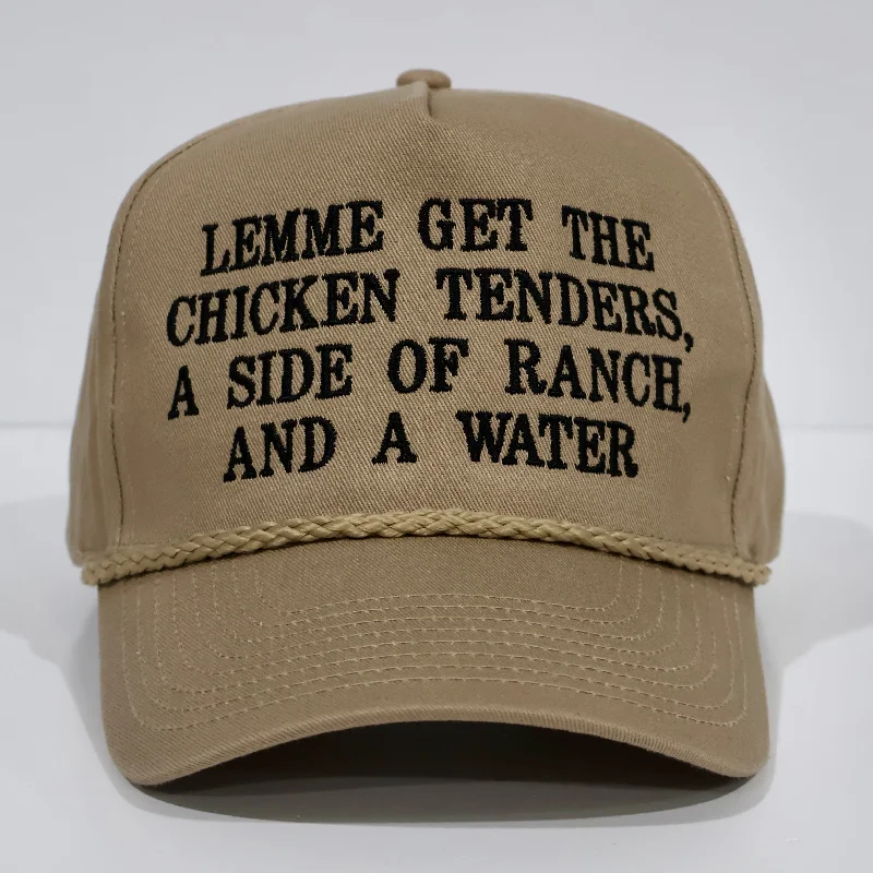 Beanies & headbands for green life-Lemme get the Chicken Tenders, A side of ranch, and a water custom embroidered tan rope snapback