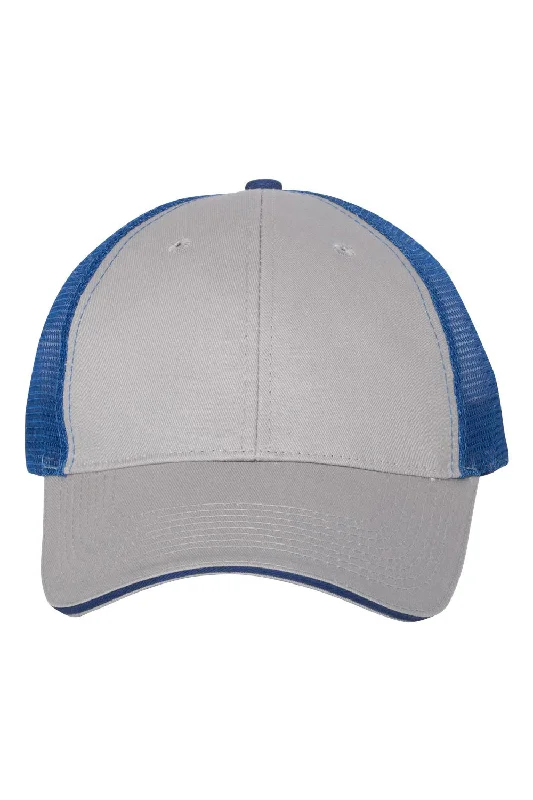 Mens hats for lawn matches-Mens hats with drift pattern-Valucap Mens Sandwich Bill Adjustable Trucker Hat - Grey/Royal Blue