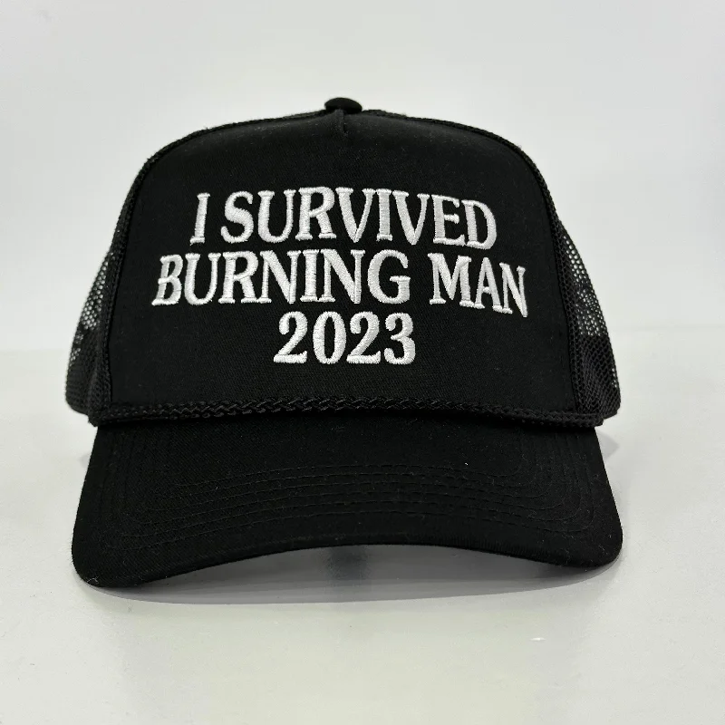 Beanies & headbands for snowboard season-I Survived Burning Man 2023 Custom Embroidered Meme rope mesh SnapBack