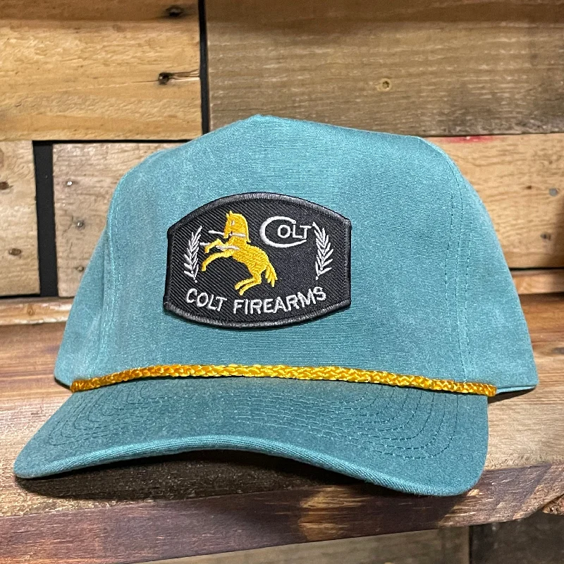 Beanies & headbands for fun days-Custom Colt Firearms patch Curve Brim Rope Stonewash Green Snapback Cap Hat