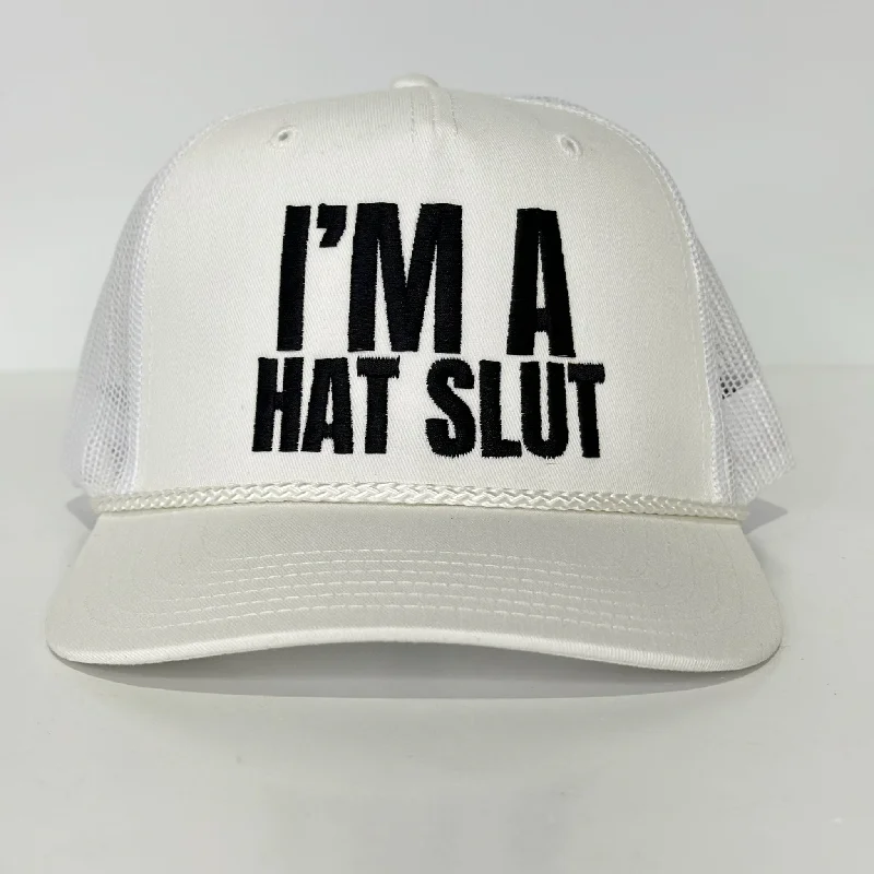 Beanies & headbands for trail running-IM A HAT SLUT WHITE Mesh Trucker SnapBack Cap Funny Hat Custom Embroidered