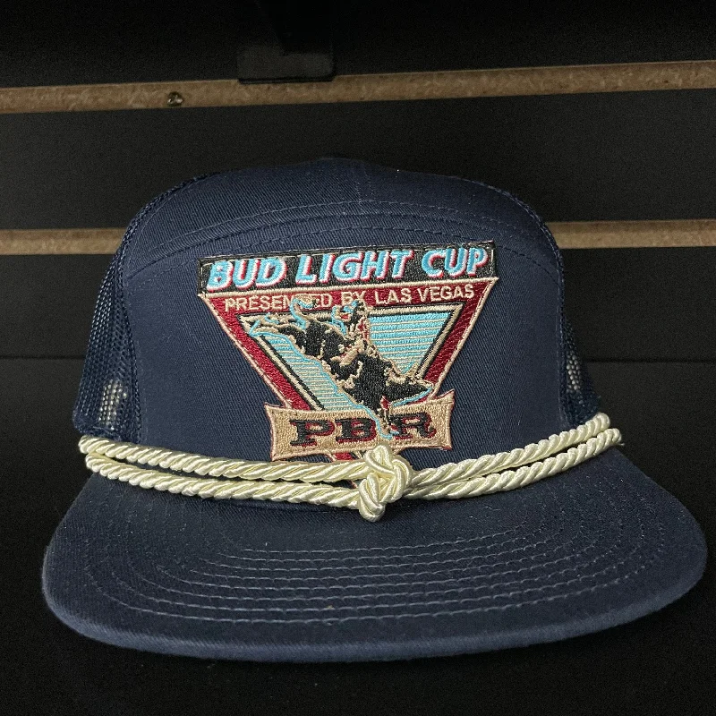 Beanies & headbands for watch bands-Custom Bud Light Cup patch 7 Panel Double Rope Black Mesh Trucker Snapback Cap Hat