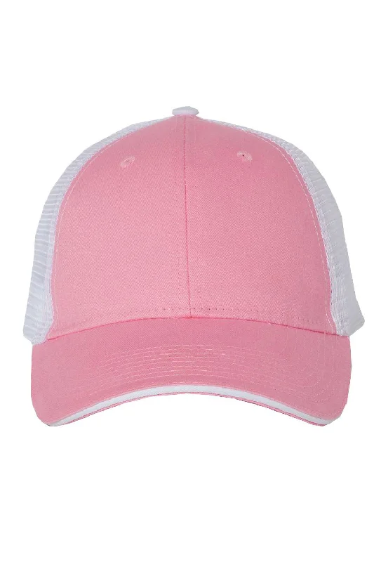 Mens hats for frost paths-Mens hats in sand color-Valucap Mens Sandwich Bill Adjustable Trucker Hat - Pink/White