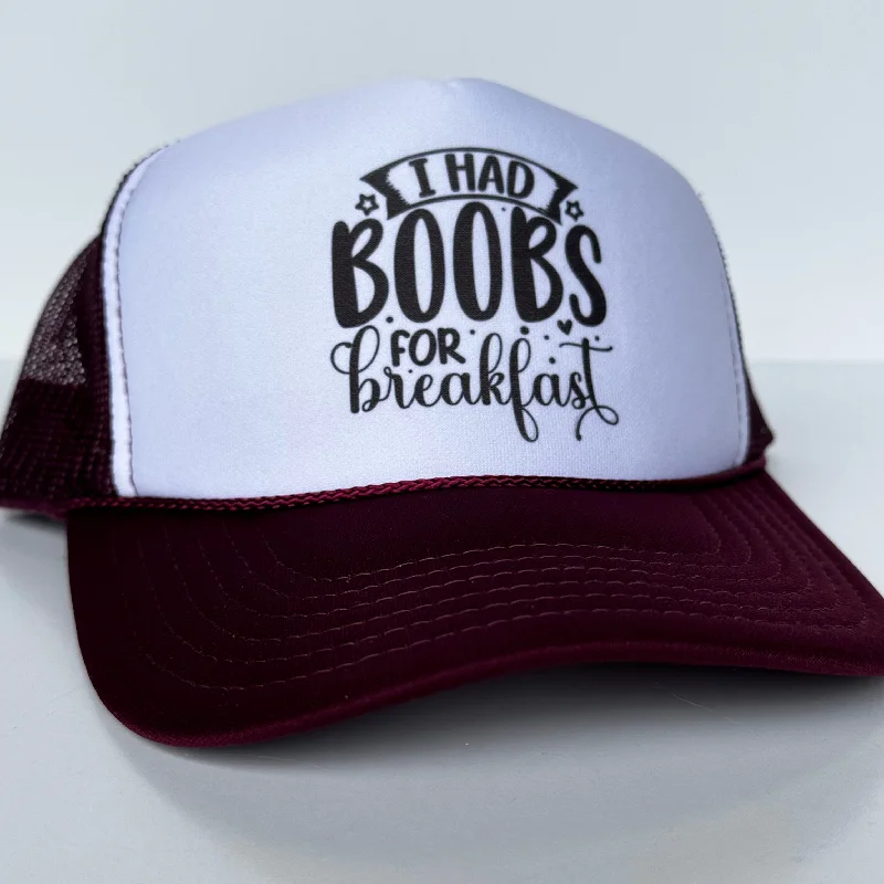 Beanies & headbands for hot trends-I HAD BOOBS FOR BreakfasT Funny Maroon Mesh Trucker SnapBack Cap Hat Custom Printed