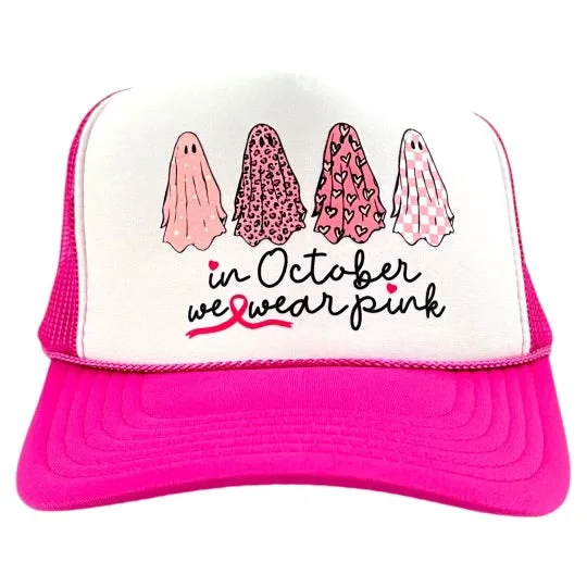 Beanies & headbands for young kids-In October we wear a pink breast cancer awareness pink printed mesh trucker SnapBack hat cap