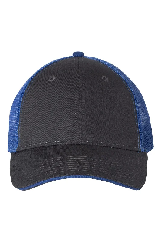 Mens hats for factory shifts-Mens hats for outdoor activities-Valucap Mens Sandwich Bill Adjustable Trucker Hat - Charcoal Grey/Royal Blue