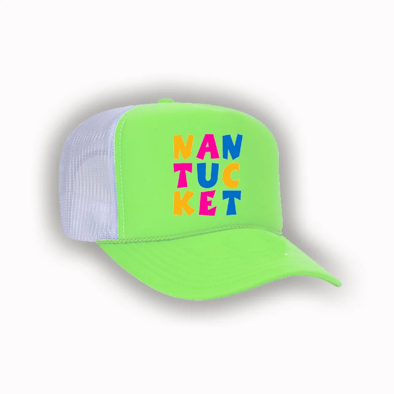 Beanies & headbands for elastic bands-Nantucket Stacked (Neon Green, White,) Trucker Hat