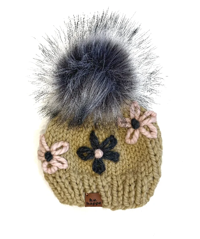 Beanies & headbands for mix styles-3-6 Month baby Embroidered Flower Knit Pom Hat | Tan Hat with Pink + Gray Flowers