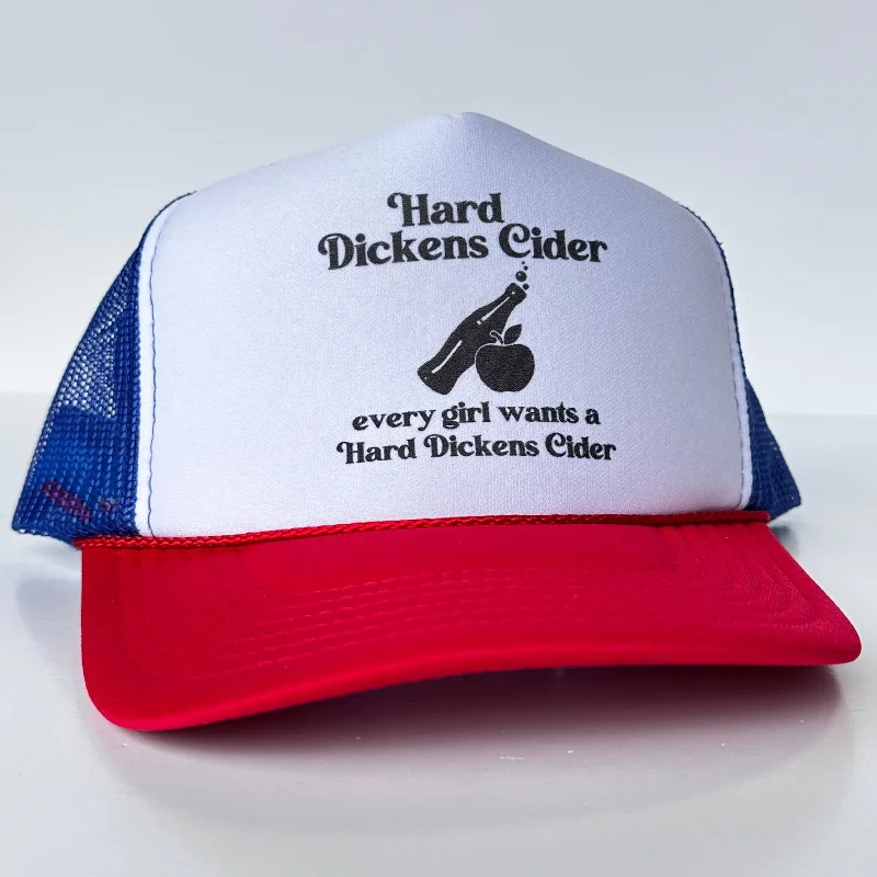 Beanies & headbands for high buns-Hard Dickens Cider Funny Inappropriate Trucker Hat Red White Blue SnapBack Cap Custom Printed