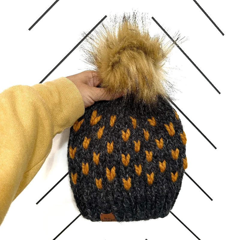 Beanies & headbands for tech geeks-0-3 month Baby Knit Happe Hearts Hat | Charcoal + Butterscotch