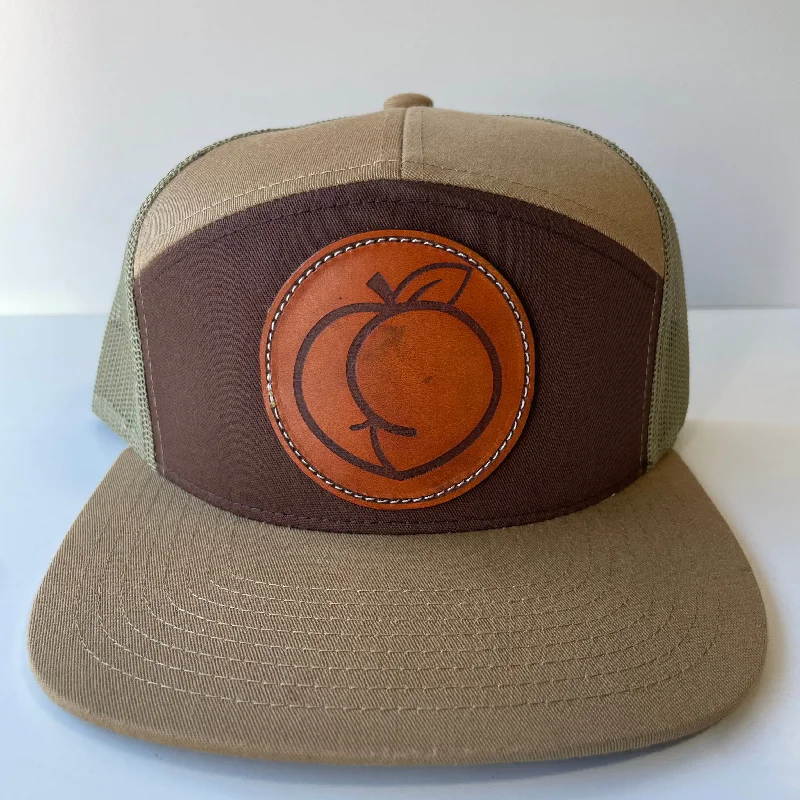 Beanies & headbands for bold graphics-Leather Head Peach Ass on a 7 Panel Khaki Brown Olive Mesh Trucker SnapBack Hat Cap