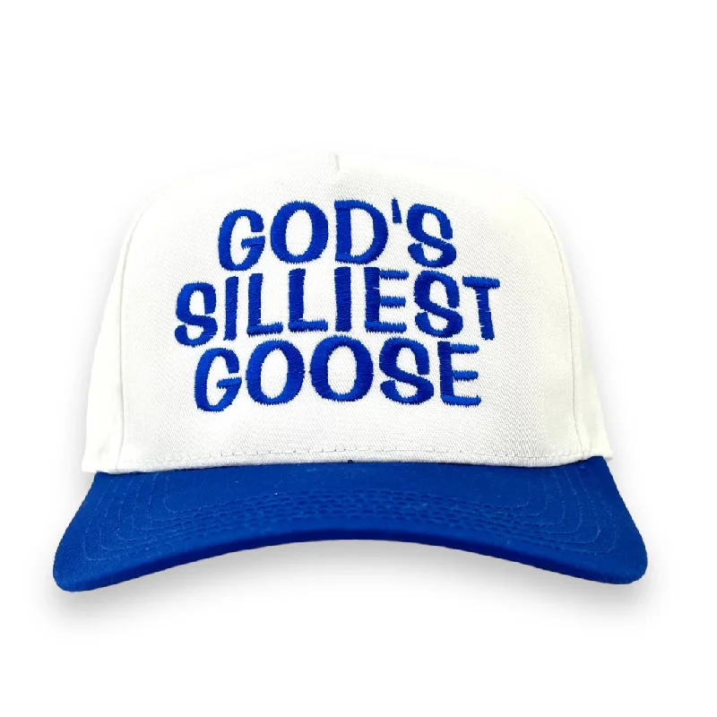 Beanies & headbands for basketball love-God’s Silliest Goose White/Blue SnapBack Custom Embroidered Tony Cavalero