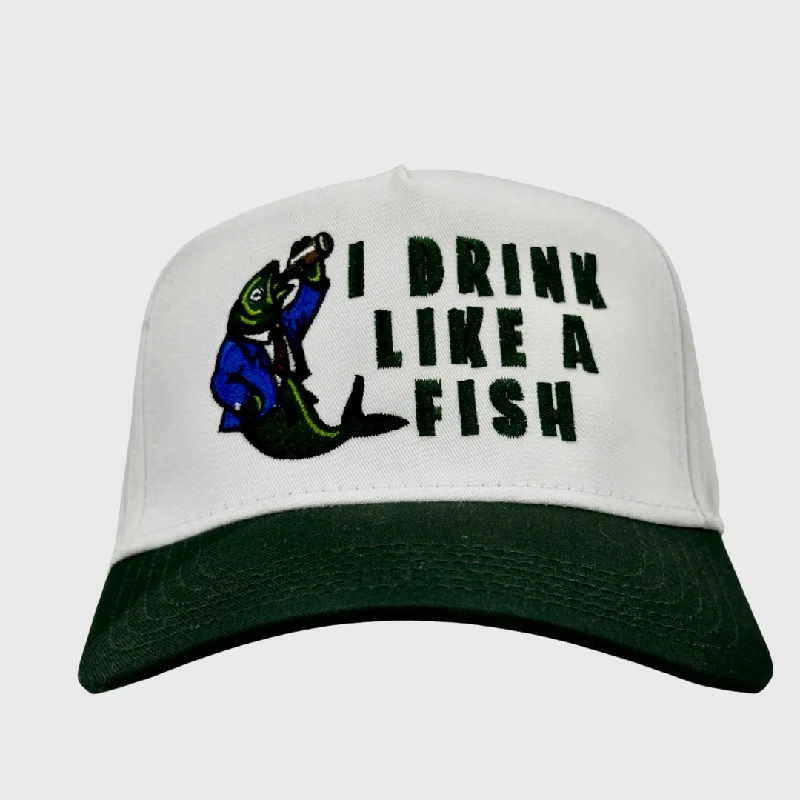 Beanies & headbands for denim wear-I drink like a fish custom embroidered green/white snapback cap hat