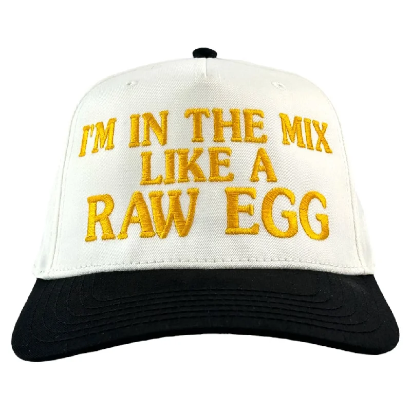 Beanies & headbands for soccer practice-I’m In The Mix Like A Raw Egg two tone black and white custom embroidered snapback