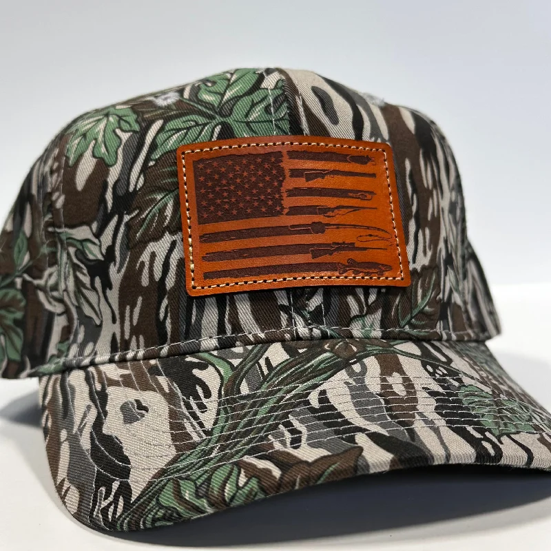 Beanies & headbands for wool knits-American Flag Fishing Genuine Leather patch sewn on a camouflage Snapback hat cap The Leather Head Hat Co