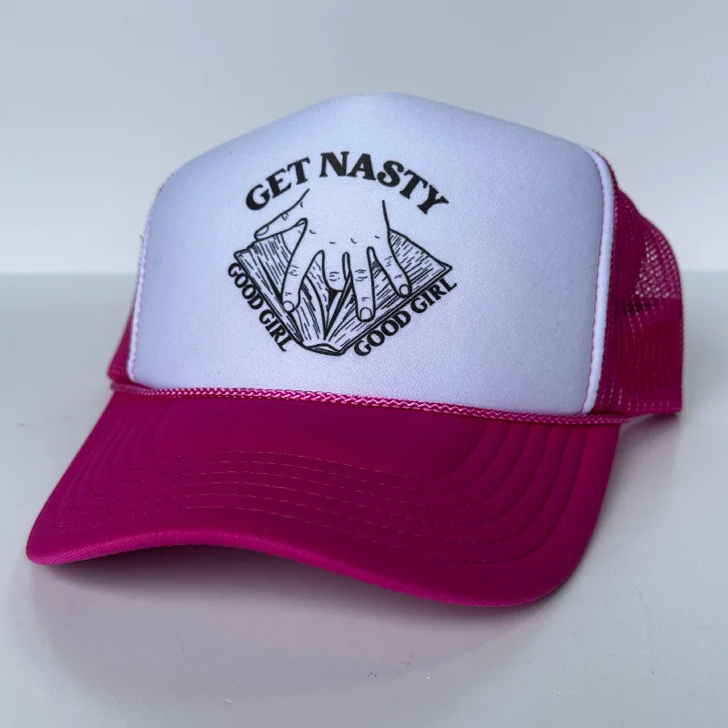 Beanies & headbands for fine hair-GET NASTY GOOD GIRL Inappropriate FUNNY Pink Mesh Trucker Hat SnapBack Cap Custom Printed