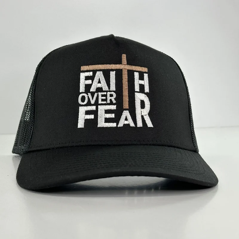 Beanies & headbands for rainy walks-FAITH OVER FEAR BLACK MESH SNAPBACK TRUCKER CAP HAT CUSTOM EMBROIDERED