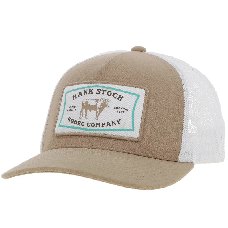 Beanies & headbands for dress ups-"Rank Stock" Hat Tan/White w/White & Turquoise Patch