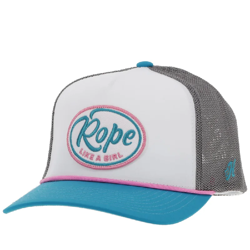 Beanies & headbands for small bags-"Rope Like A Girl" Hat White/Grey w/Pink/Turquoise & White Patch