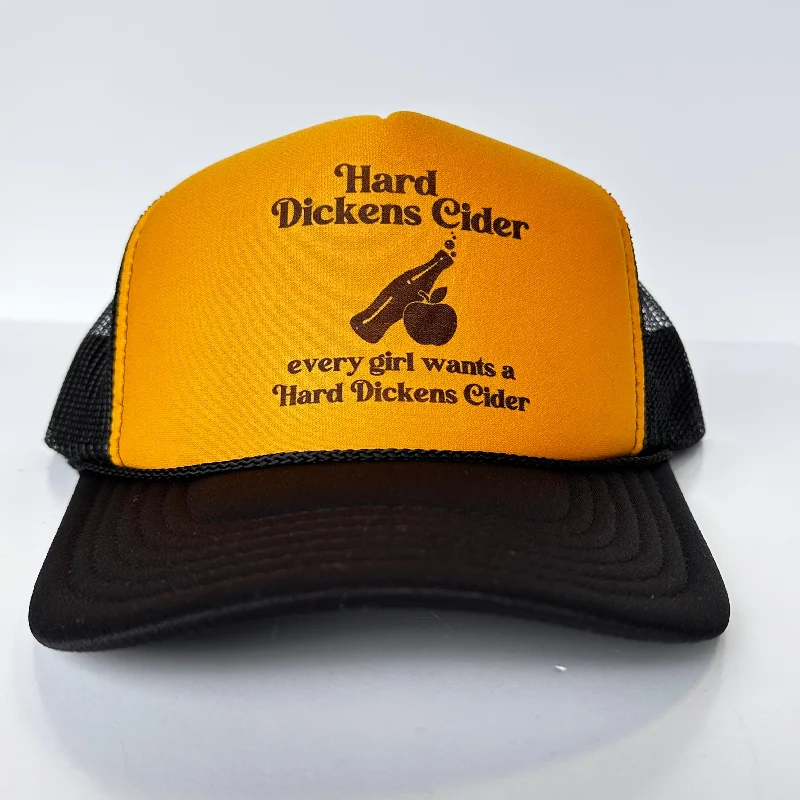 Beanies & headbands for top knots-Hard Dickens Cider Funny Inappropriate Trucker Hat Yellow Foam Black Mesh SnapBack Cap Custom Printed