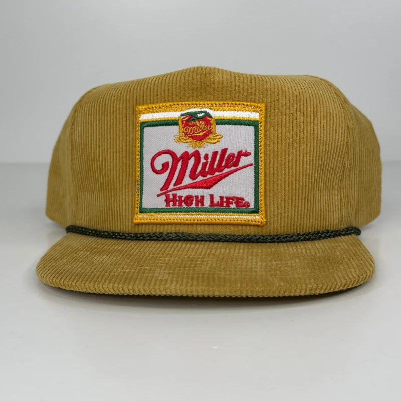 Beanies & headbands for fresh drops-Custom Miller High Life patch on a Biscuit Gold Corduroy Green Rope SnapBack Patch Hat Cap Sewed