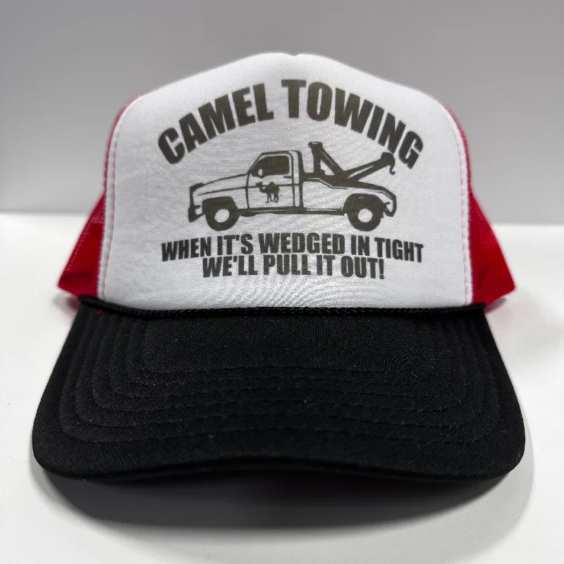 Beanies & headbands for full-day use-CAMEL TOWING Red Mesh Funny Trucker SnapBack Hat Cap Custom Printed