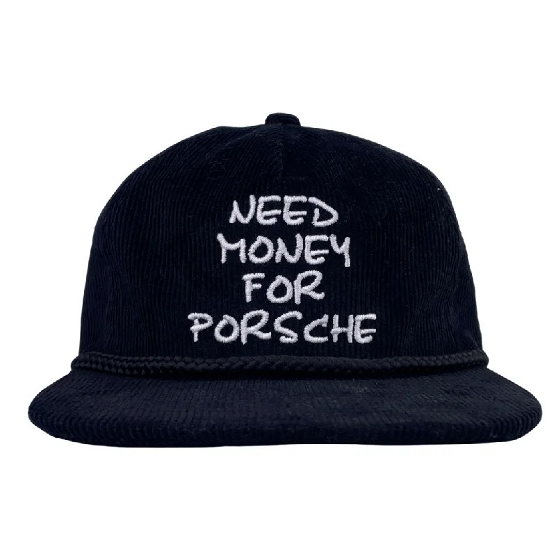 Beanies & headbands for match ups-Need Money For Porsche Black Corduroy Snapback Custom Embroidered￼