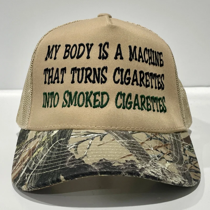 Beanies & headbands for mix styles-My Body Is A Machine That Turns Cigarettes Into Smoked Cigarettes custom embroidered Camo/tan Mesh SnapBack hat