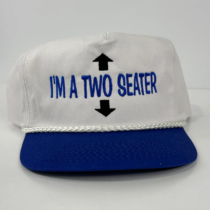 Beanies & headbands for big heads-I’m A Two Seater on a white crown blue brim Rope SnapBack Hat Cap Custom Embroidered