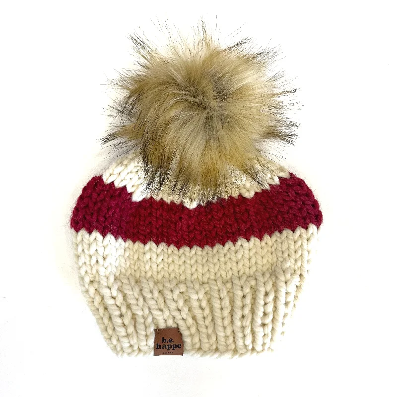 Beanies & headbands for health fights-Adult Striped Knit Pom Hat | Taylor Swift inspired Cream + Red Beanie