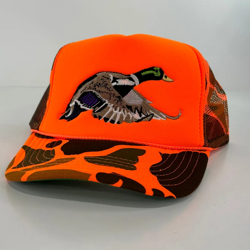 Beanies & headbands for tech geeks-Mallard Duck Mesh Trucker SnapBack Orange CAMO Hunting Drake Mallard Hat Foam Front Cap Custom Embroidery