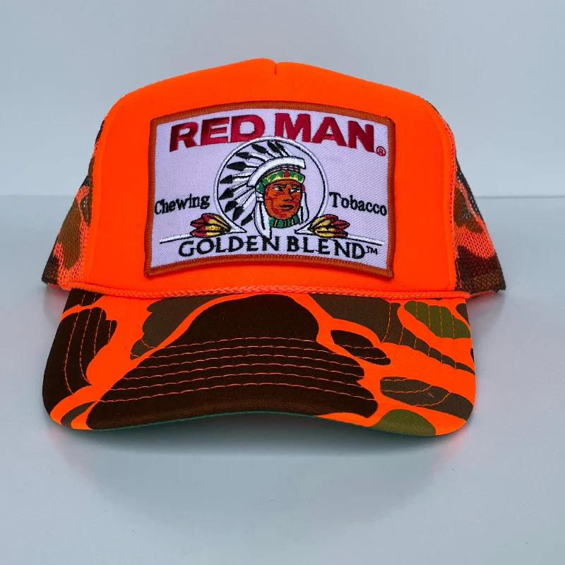 Beanies & headbands for friend time-Custom Red Man Golden Blend patch Orange Camo Mesh Trucker Snapback Cap Hat