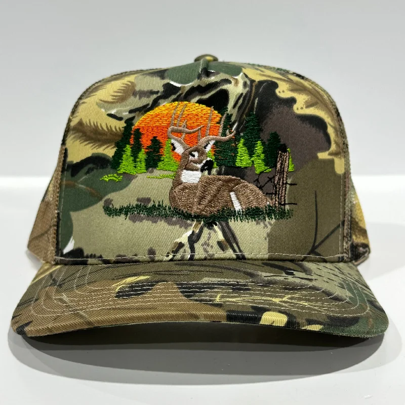 Beanies & headbands for watch bands-Deer Scenery CAMO Camouflage Mesh Trucker SnapBack Hat Deer Hunting Cap Custom Embroidered