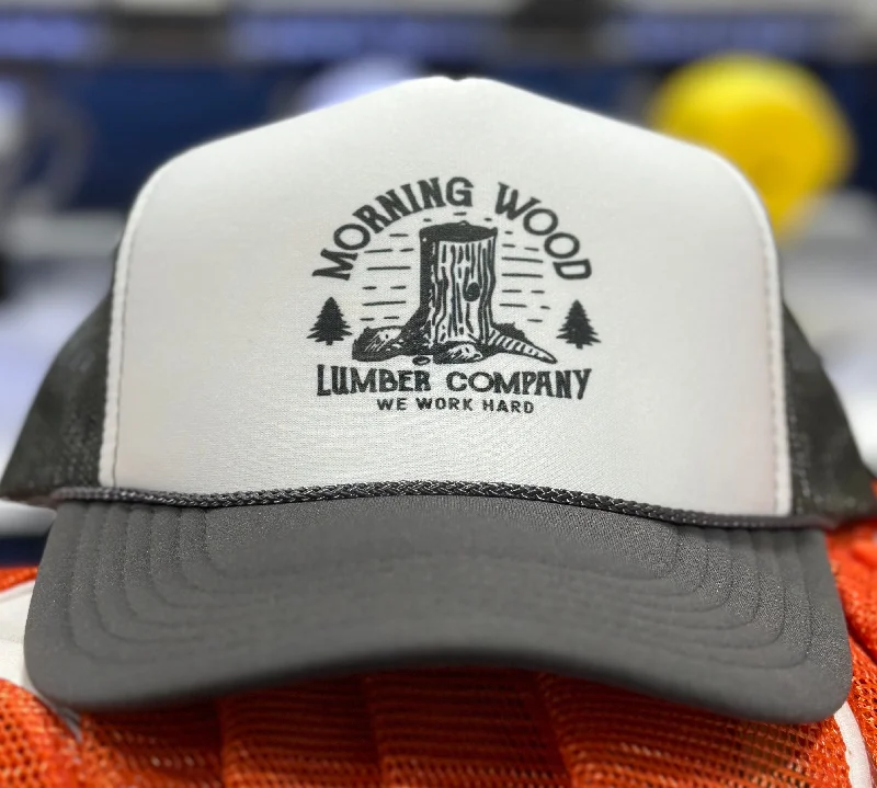 Beanies & headbands for striped looks-Morning wood lumber company we work hard on a gray and white mesh trucker SnapBack hat cap custom print