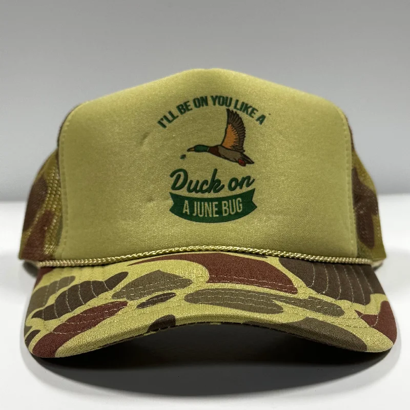 Beanies & headbands for black shades-I BE ON YOU LIKE A DUCK ON A June Bug CAMO Mesh Trucker SnapBack Cap Hat Collab Justin Stagner Southern Grandpa Custom Printed