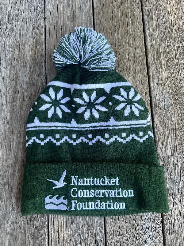 Beanies & headbands for fresh twists-WInter Hat in Green with Snowflakes and Nantucket Conservation Foundation Written on Brim