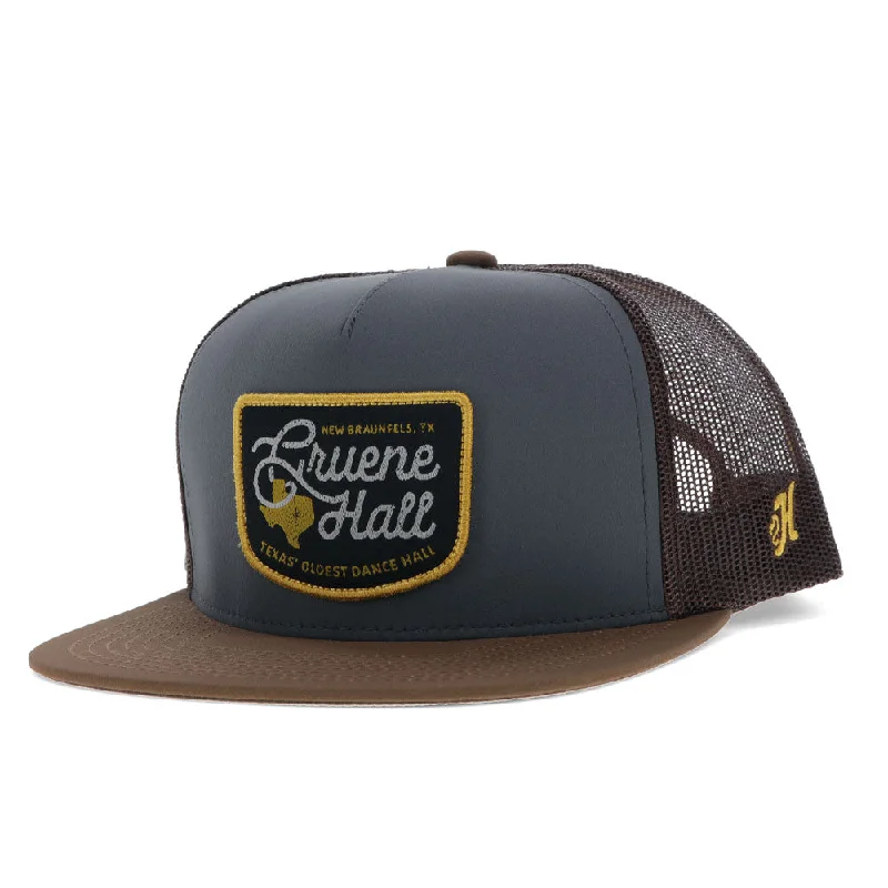 Beanies & headbands for indoor comfort-"Gruene Hall" Grey/Brown w/Black & Yellow Patch