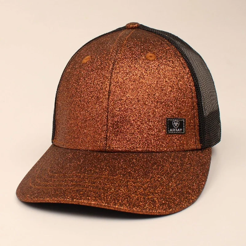 Womens Hats in plush chenille-MF Western Ariat Womens Copper Glitter & Black Messy Bun Ball Cap Style A3000053216