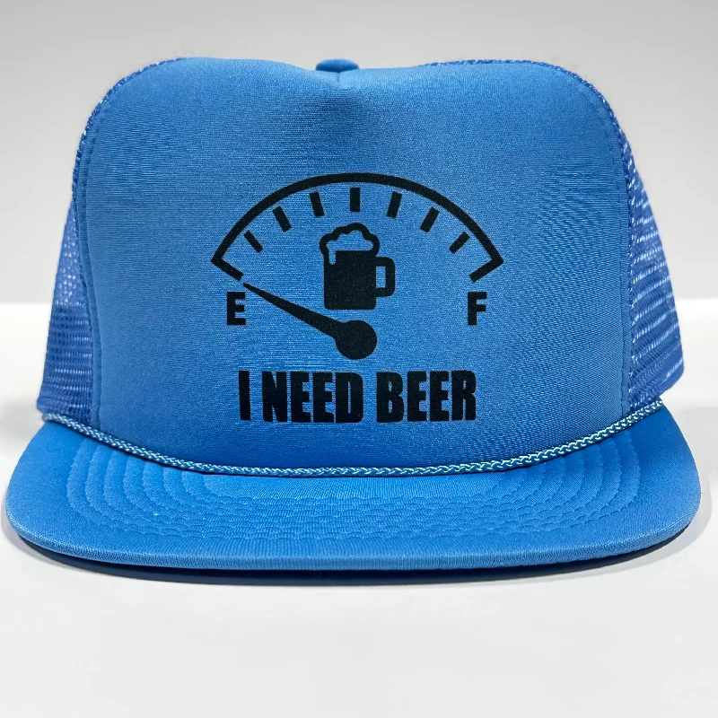 Beanies & headbands for weekend fun-I NEED BEER Blue Vintage Flat Bill Mesh Trucker Hat SnapBack Cap Funny Beer Hat Custom Printed