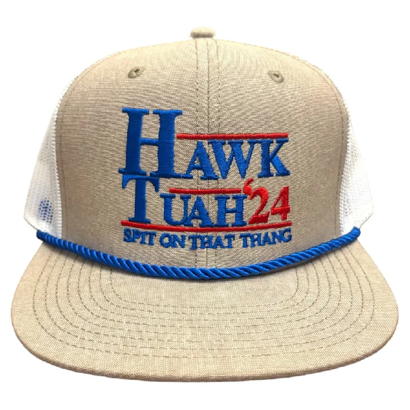 Beanies & headbands for wild hearts-Hawk Tuah 24 spit on that thang Embroidered on a tan and white mesh SnapBack hat cap with blue rope custom embroidery ￼