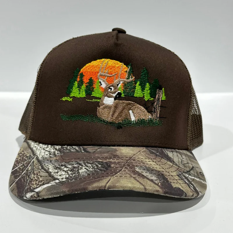 Beanies & headbands for slipper cozies-Deer Scenery Dark khaki CAMO Camouflage Brim Mesh Trucker SnapBack Hat Deer Hunting Cap Custom Embroidered