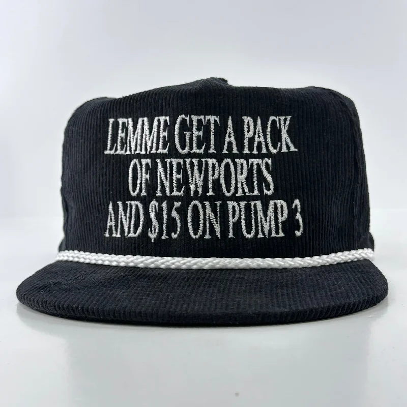 Beanies & headbands for slow moments-Lemme get a pack of Newport’s and $5 on pump 3 on a black corduroy rope snapback hat cap custom embroidery ￼