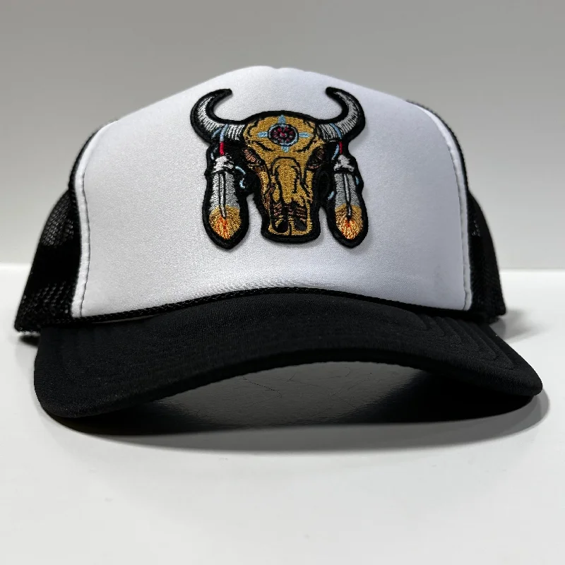 Beanies & headbands for thrift scores-Custom cow Bull Skull patch on a black mesh Trucker SnapBack Hat Cap