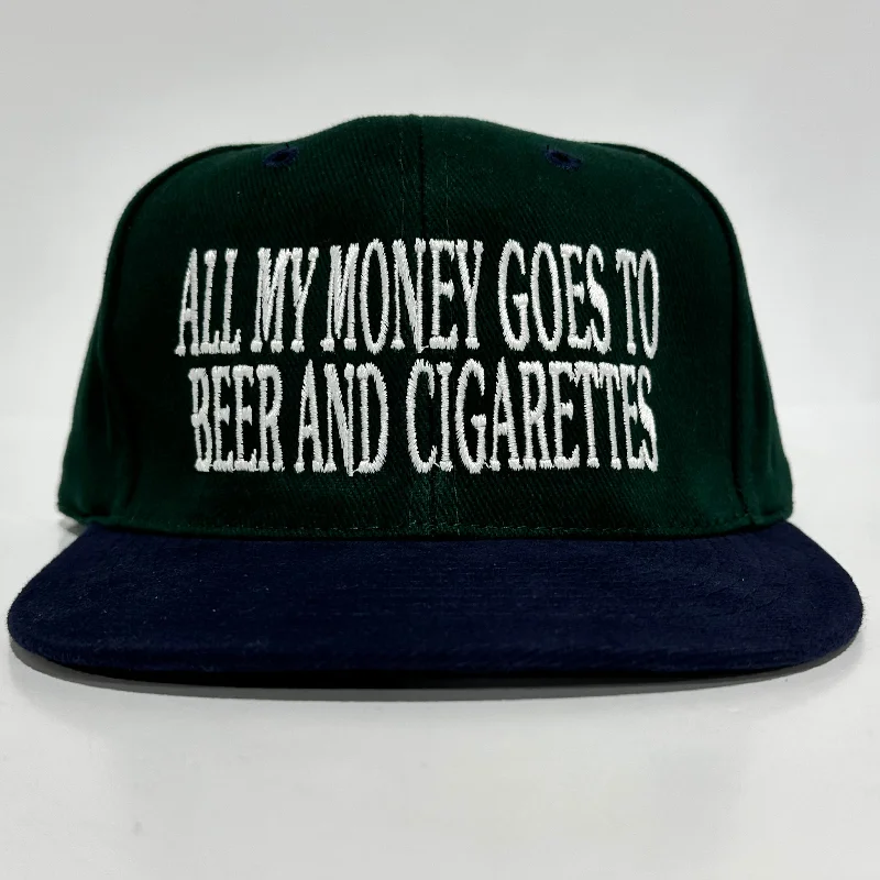 Beanies & headbands for secure fits-ALL MY MONEY GOES TO BEER AND CIGARETTES Vintage Green Mid Crown Strapback Cap Hat Funny Custom Embroidered Bradley Weber Collab