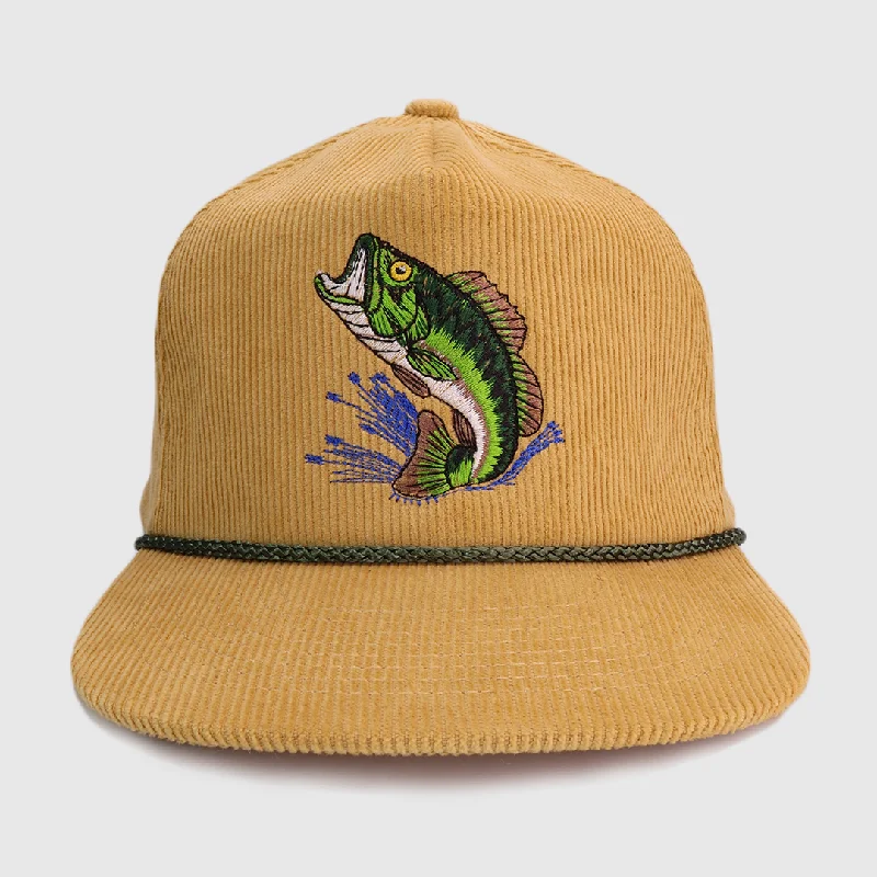 Beanies & headbands for special runs-Bass Out Of Water Custom Embroidered Gold Corduroy Snapback Cap Hat